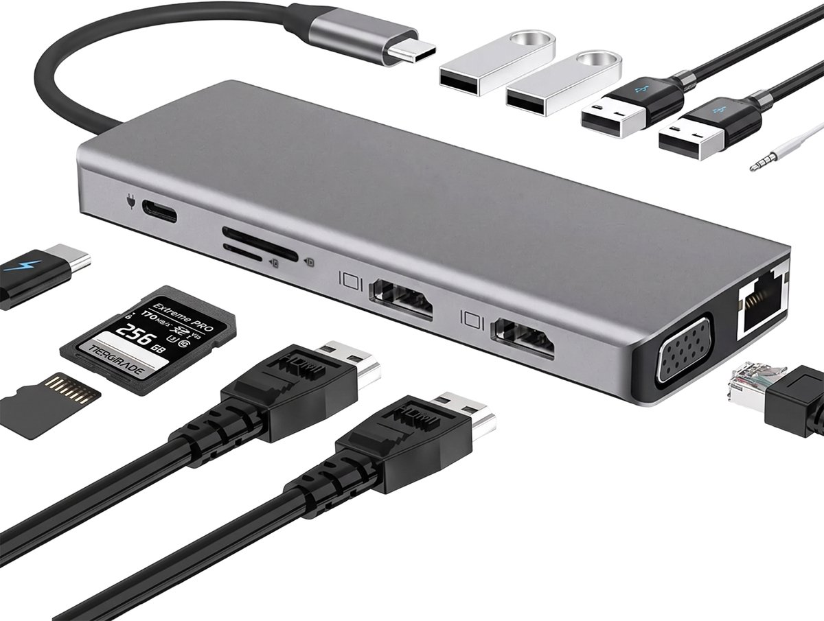 Fokelyi 12-in-1 Docking Station Laptop - USB C Hub- 2x 4K HDMI- DP- 10Gbps USB-C-Dock- RJ45 Gigabit- PD 90W- Splitter- Universeel Voor MacBook