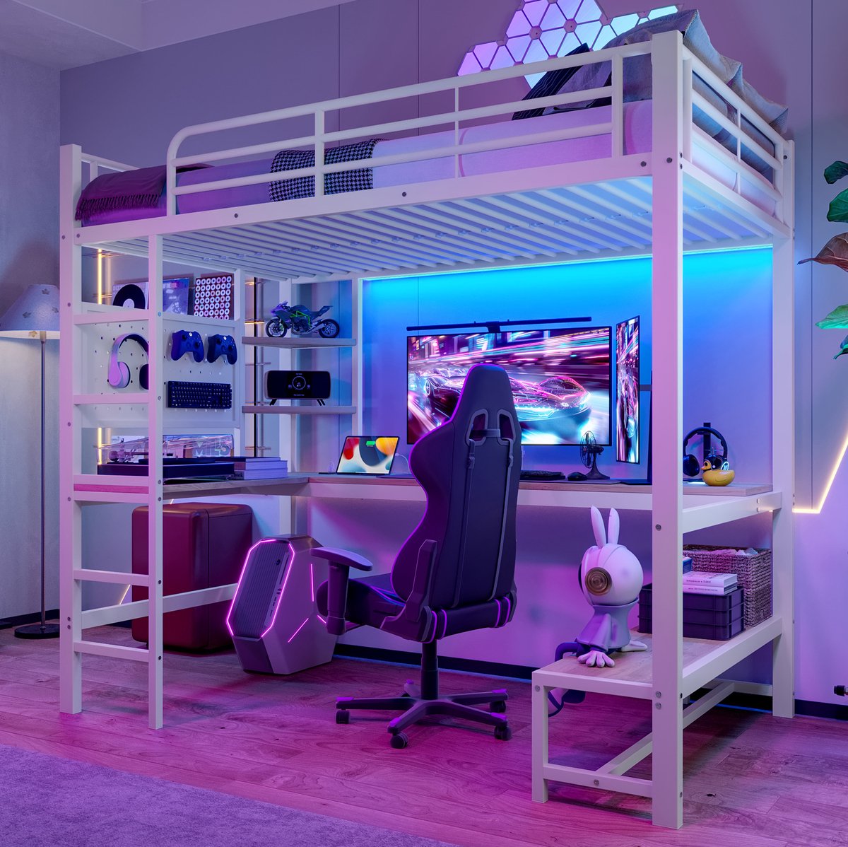 REDOM - Hoogslaper - Met bureau en opbergrekken - Met LED verlichting en USB Type-C aansluiting - Met uitvalbeveiliging en ladder - Metaal en MDF - Wit - 90 x 200 cm