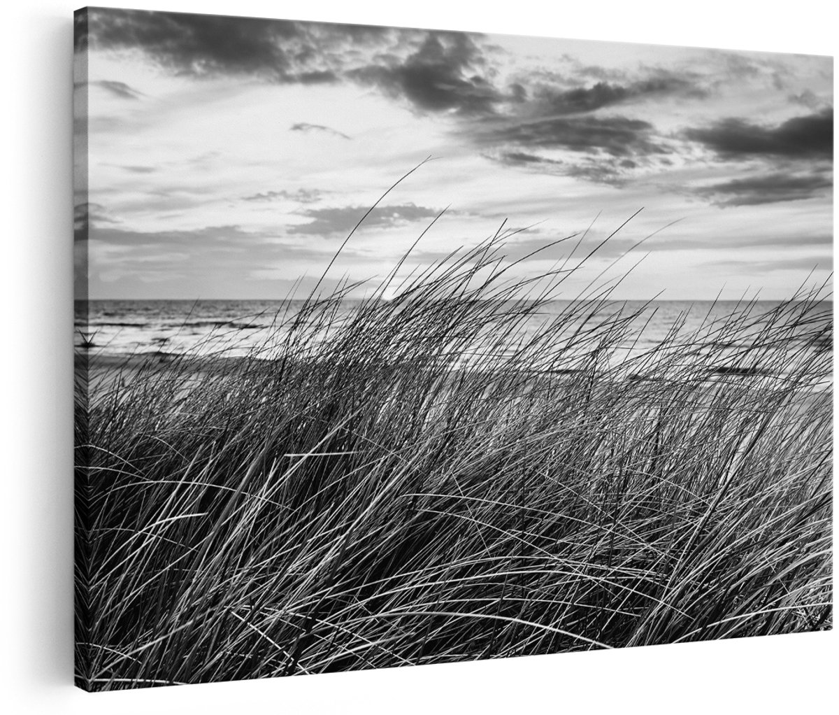 Artaza Canvas Schilderij Duinen Planten met Zee en Zonsondergang - Duinen - Zwart Wit - 180x120 cm - Groot - Foto Op Canvas - Wanddecoratie