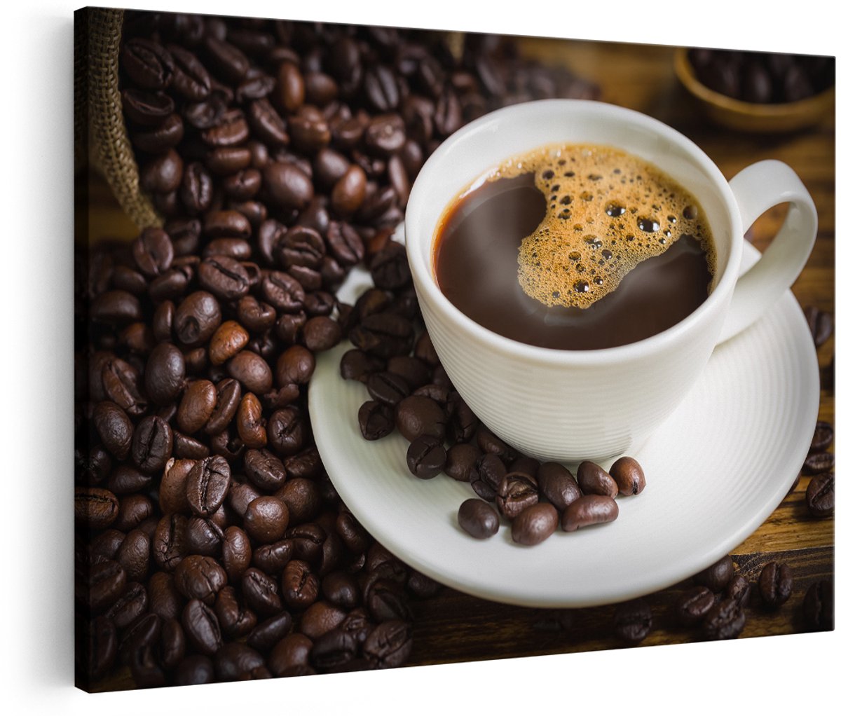 Artaza Canvas Schilderij Kopje Koffie Met Koffiebonen - 180x120 cm - Groot - Foto Op Canvas - Wanddecoratie Woonkamer