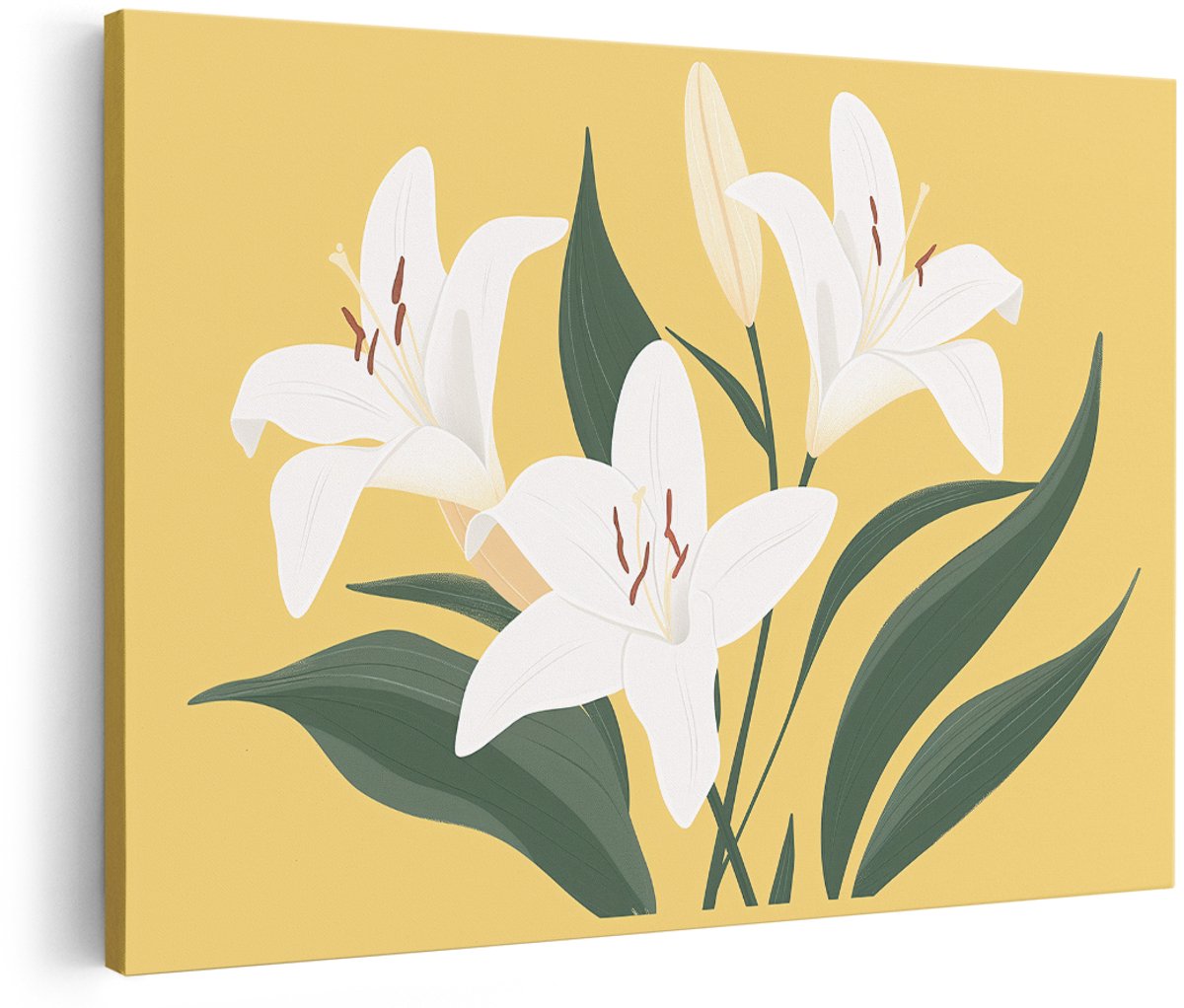 Artaza Canvas Schilderij Bloemen - 180x120 cm - Groot - Wanddecoratie Witte Lelies - Muurdecoratie Botanisch - Schilderijen Op Canvas Geel