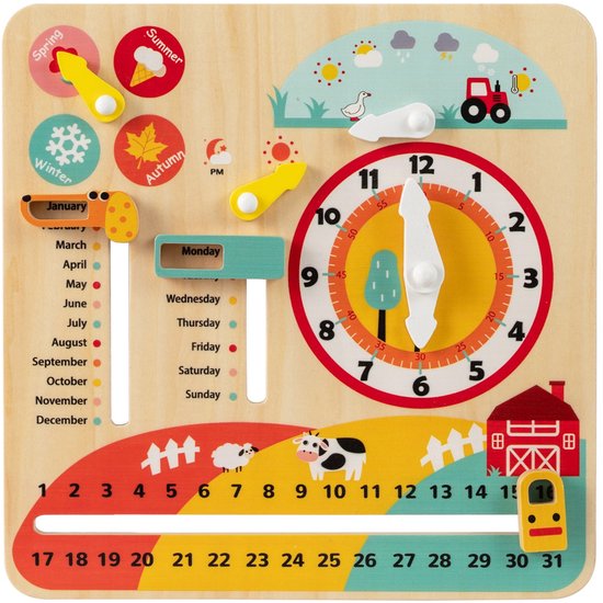 Houten educatieve kalender met de seizoenen, het weer, een klok, dagen van de week, datums en boerderijdieren.
