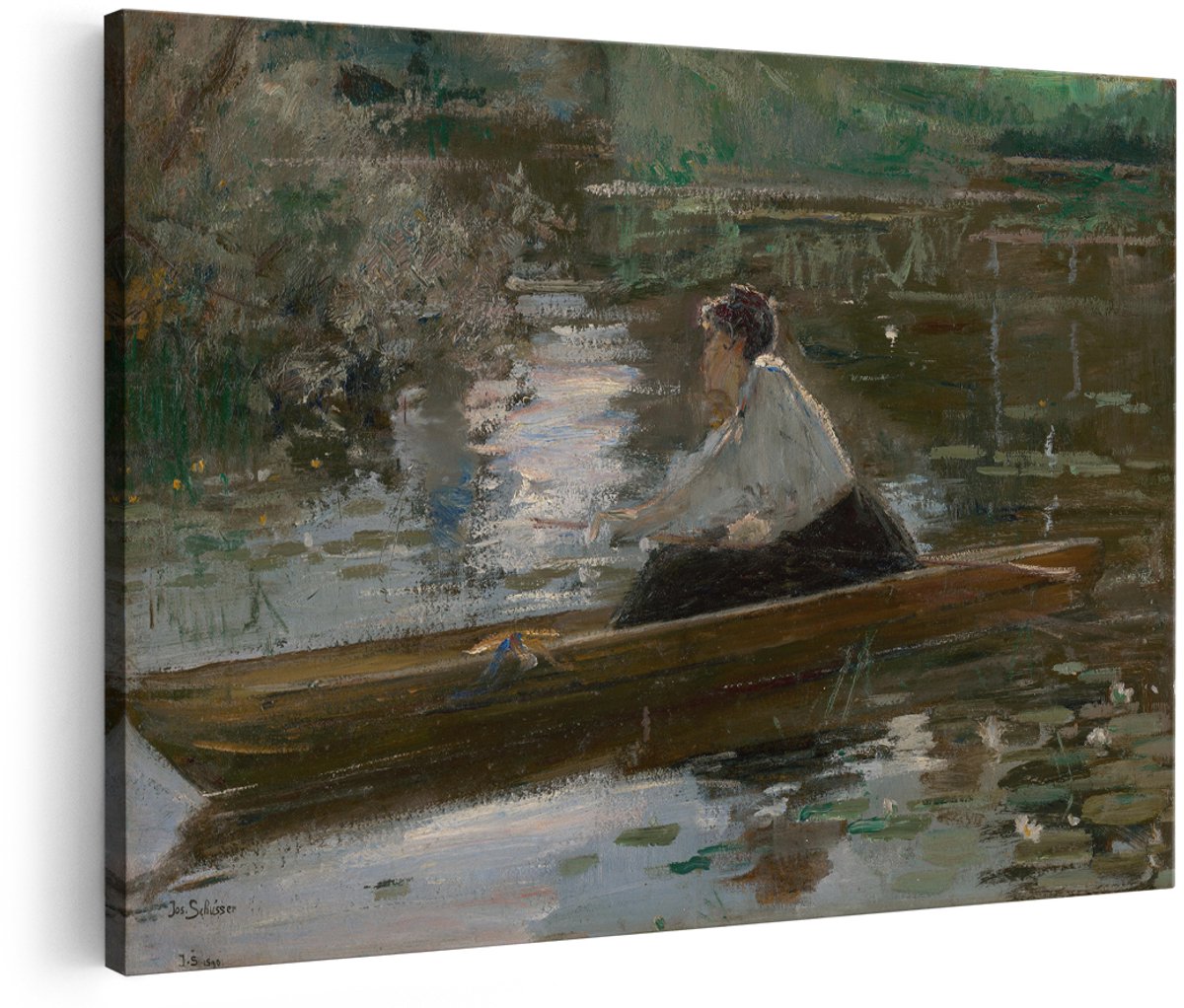 Artaza Canvas Schilderij Vrouw In Boot - 180x120 cm - Groot - Wanddecoratie Monet Stijl - Muurdecoratie Waterlelies - Decoratie Natuur Landschap