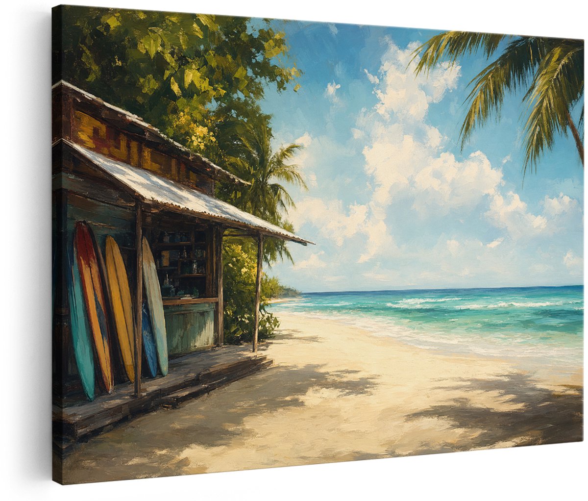 Artaza Canvas Schilderij Surfshop Aan Het Strand - Palmbomen En Zee - 180x120 cm - Groot - Wanddecoratie Woonkamer - Schilderijen - Muurdecoratie