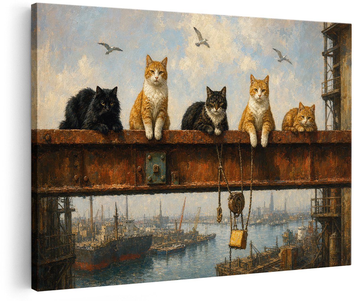 Artaza Canvas Schilderij Katten Boven De Haven - Klassiek Havengezicht - 180x120 cm - Groot - Wanddecoratie Woonkamer - Schilderijen - Muurdecoratie