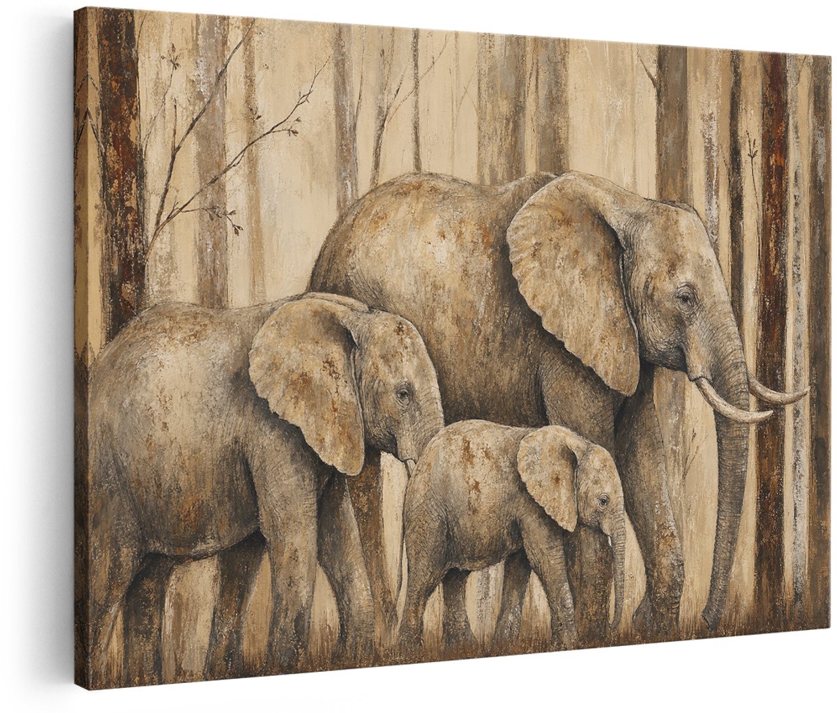 Artaza Canvas Schilderij Olifantenfamilie in Bos - Natuur - Industrieel - 180x120 cm - Groot - Wanddecoratie Woonkamer - Schilderijen - Muurdecoratie