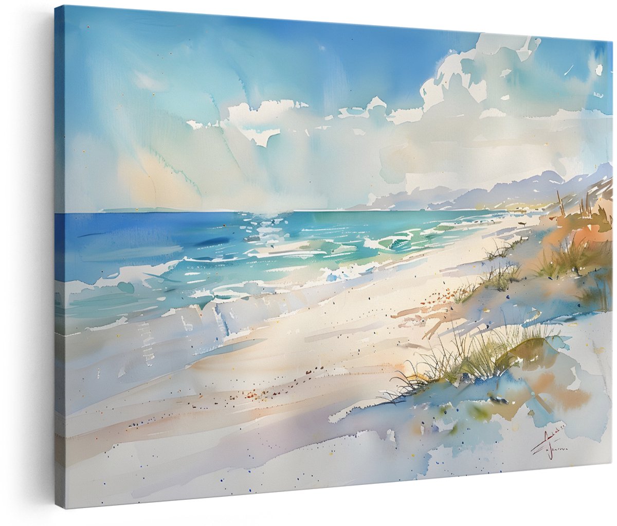 Artaza Canvas Schilderij Strand Zee - 180x120 cm - Groot - Wanddecoratie Aquarel Kustlijn - Muurdecoratie Landschap Duinen - Schilderijen Op Canvas Natuur