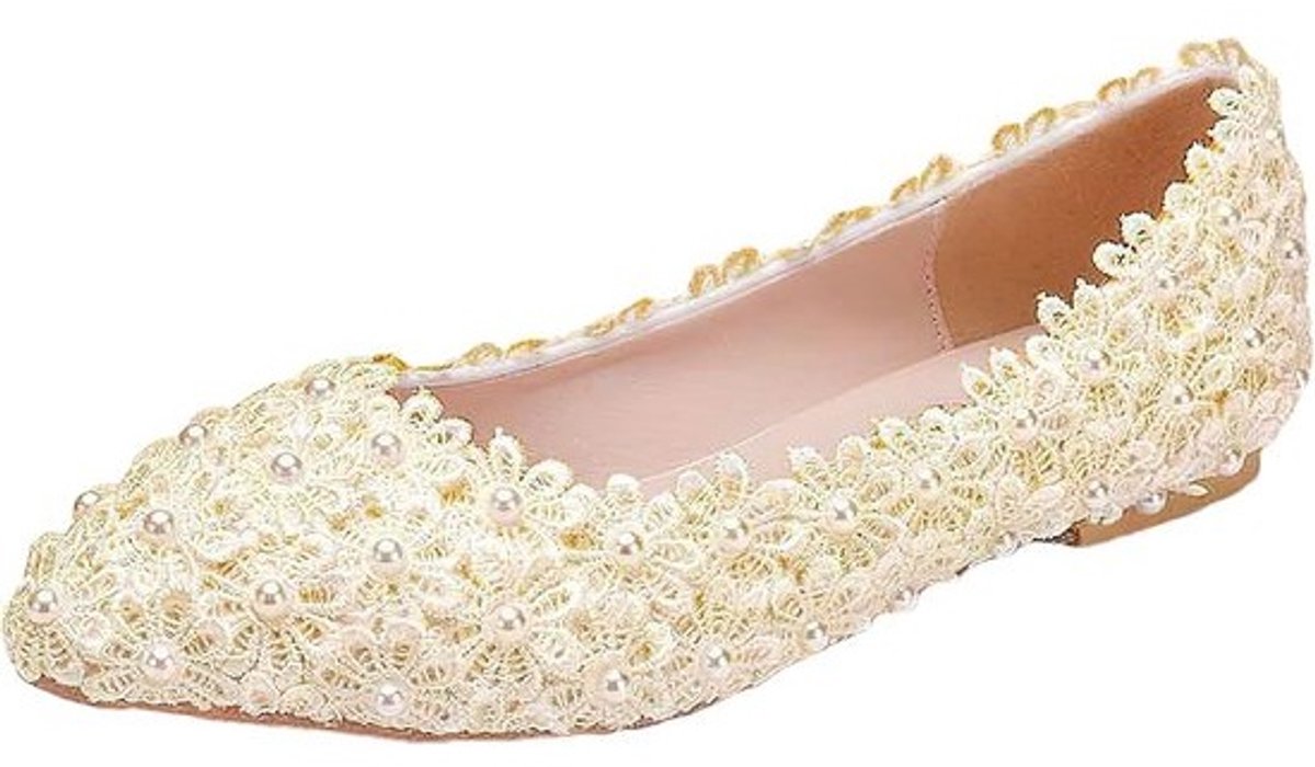 Elegante Platte Bruidsschoenen met Puntige Neus en Pareldecoratie voor Dames