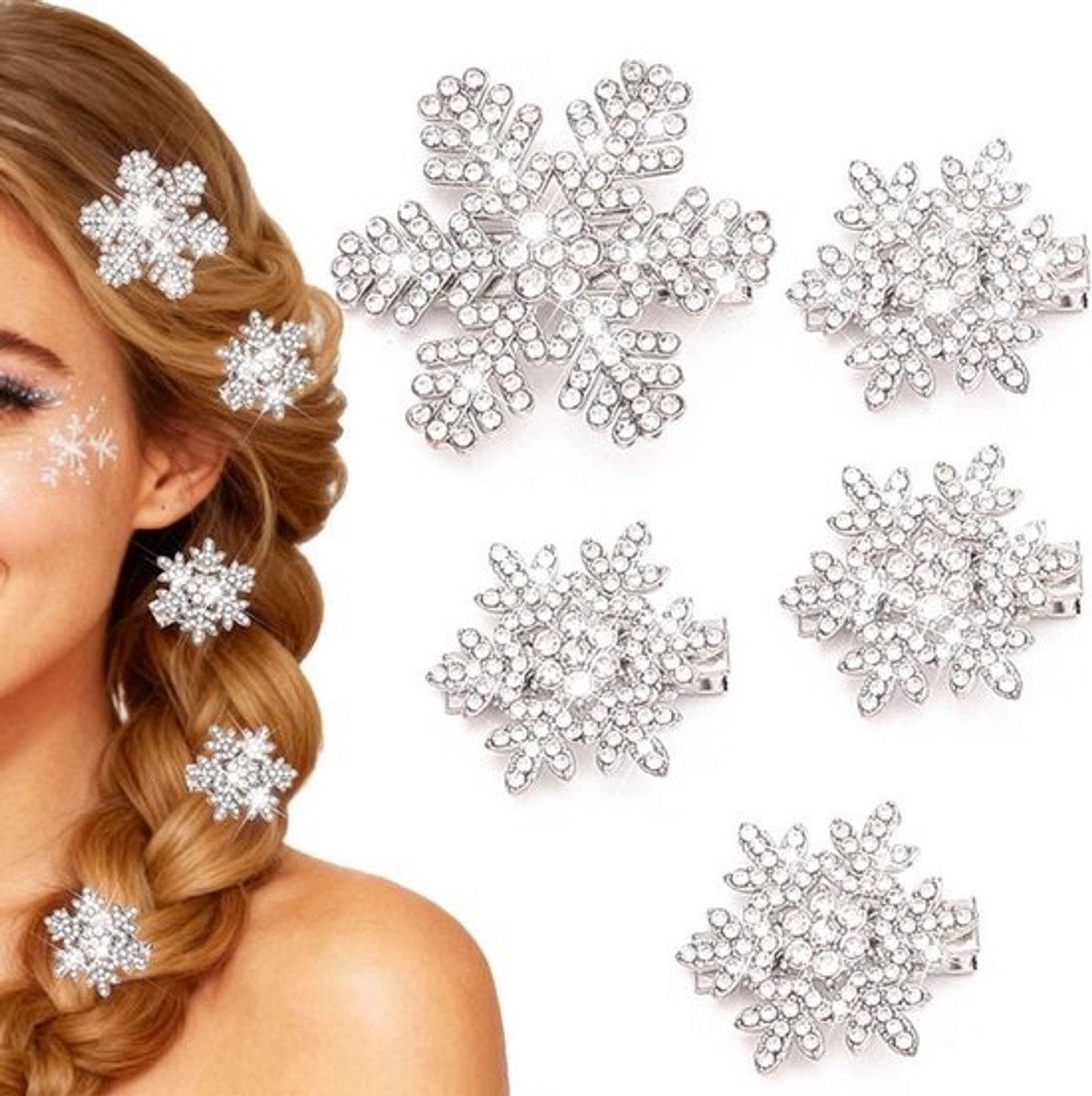 Set van 5 Kristallen Sneeuwvlok Haarspeldjes - Sprankelende Kerst Haaraccessoires voor Dames en Meisjes