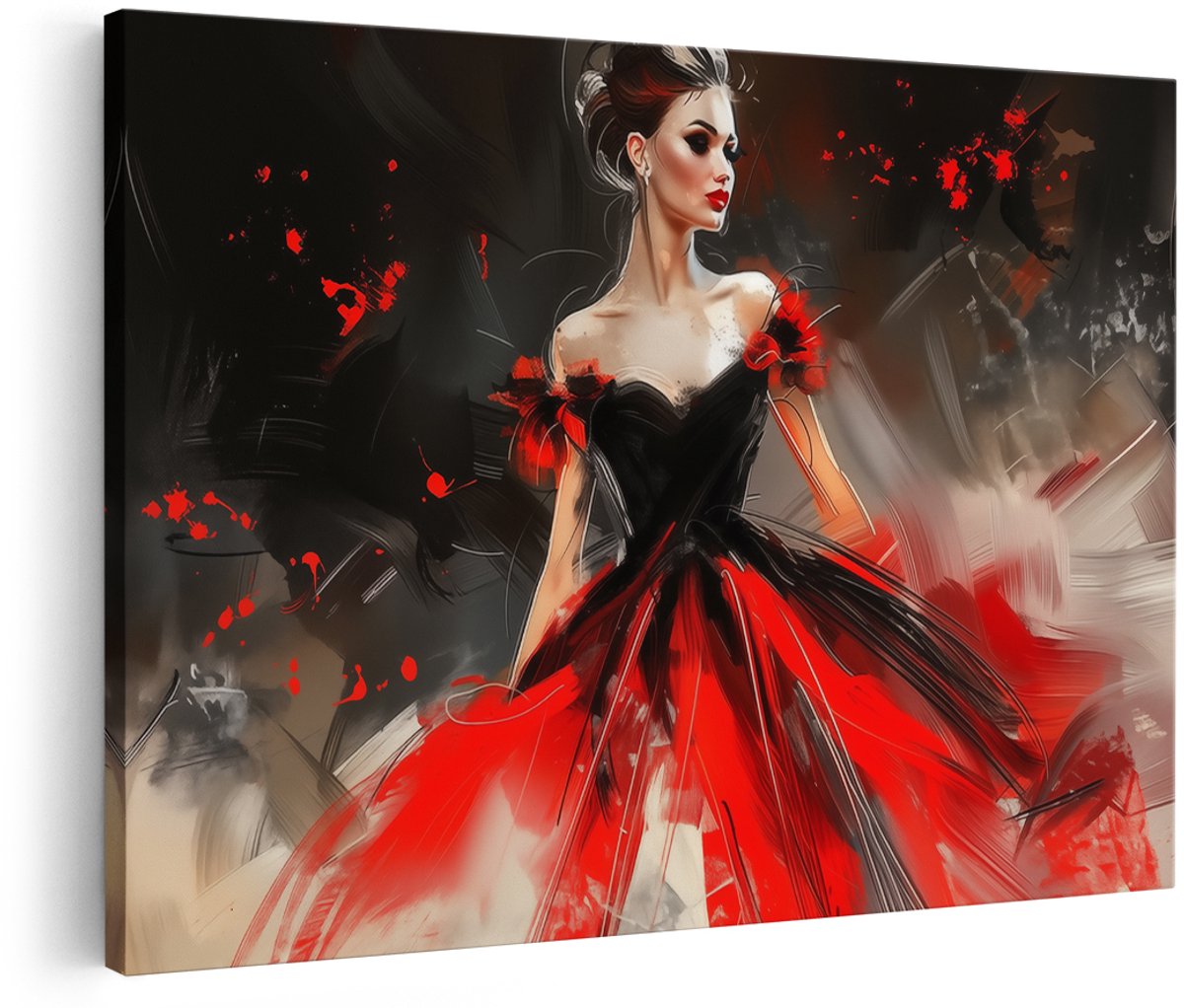 Artaza Canvas Schilderij Vrouw in een Rode Jurk - 180x120 cm - Groot - Wanddecoratie Woonkamer - Schilderijen - Muurdecoratie