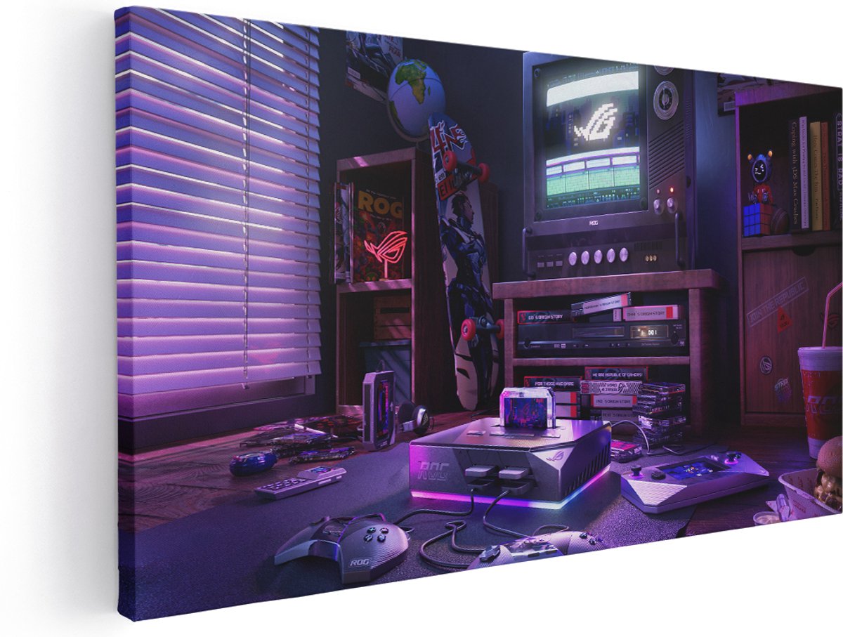 Artaza Canvas Schilderij Gaming Kamer - 180x90 cm - Groot - Wanddecoratie Retro - Muurdecoratie Neon Console - Schilderijen Op Canvas Vintage - Paars