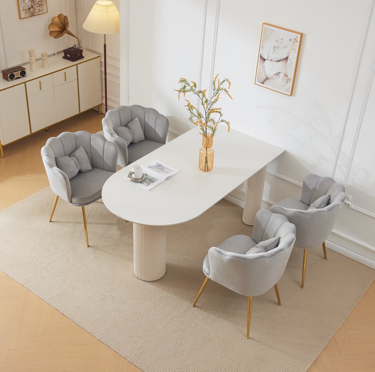 Wishdor Eetkamerstoel set van 4 - Kuipstoel met armleuningen en kussens - Velvet met gouden metalen poten - Design - Woonkamer eetkamer slaapkamer - Grijs - 63 x 58 x 77 cm