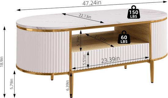 Afmetingen ovale salontafel: 120x56x48cm. Wit geribbeld design, marmerlook blad, gouden poten. Lade en open vak.