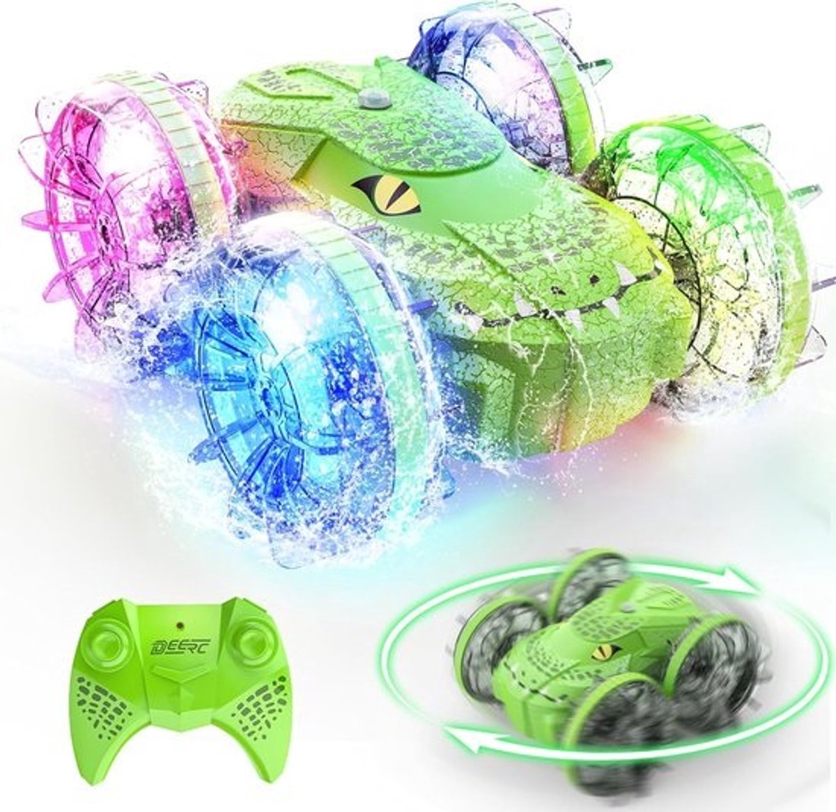 DEERC Amphibious Remote Controlled Car Boat with LED Lights, 4WD Crocodile, RC Stunt Car, 40 Minutes, 2.4 GHz, All-Terrain Water, Land RC Car, Waterproof Toy for Ages 6+