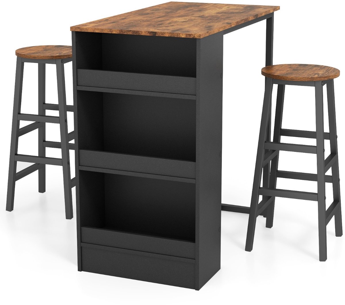 SureDeal® - Eettafel - Delige Bartafelset - Opbergplanken - Krukken Ruimtebesparende Keukentafelset - Zwart - 91,5x49x91,5 cm - Koffiebruin