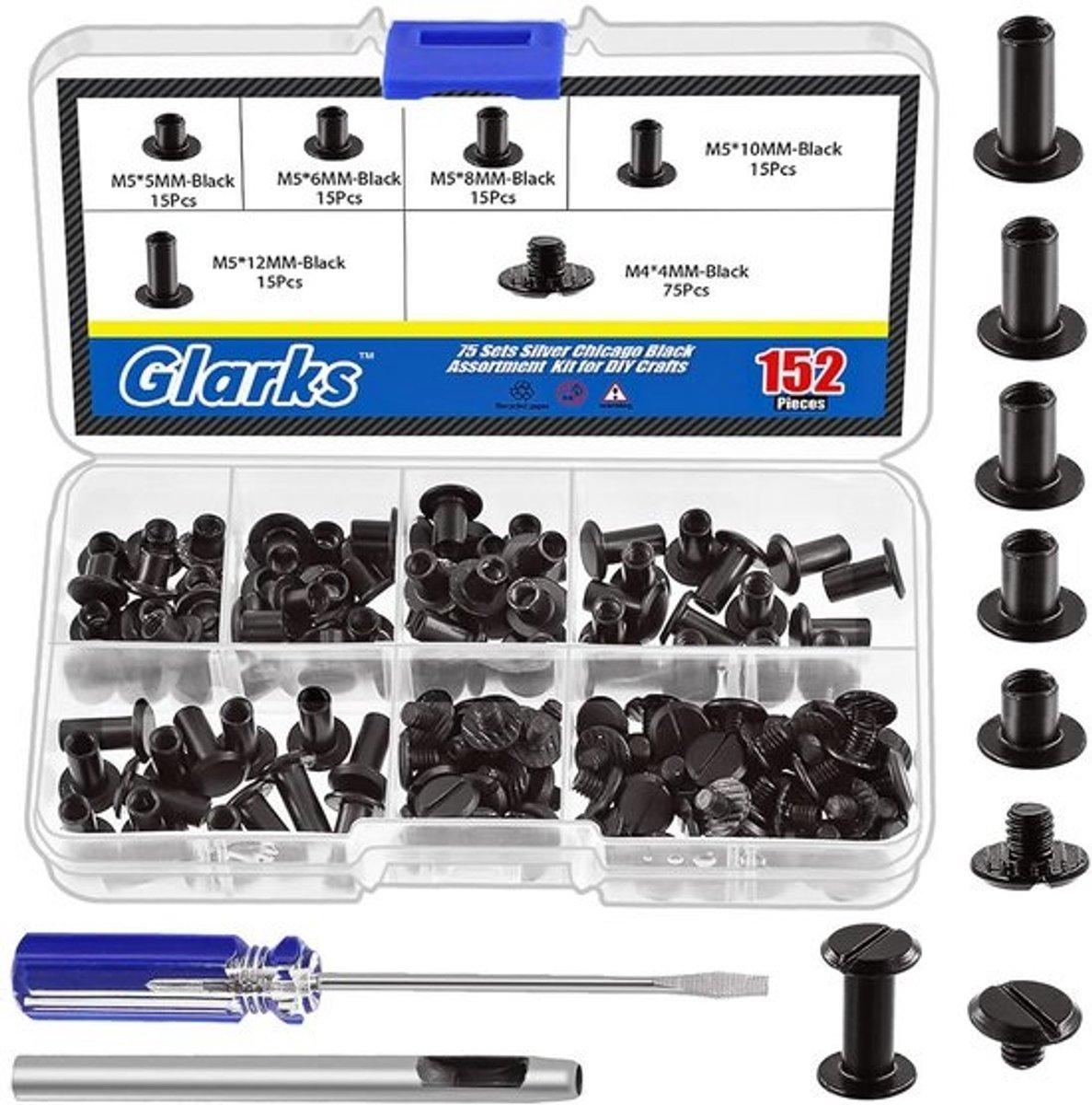 150x Zwarte Chicago Schroeven Set - Klinknagels voor Leer en Hobby - M5 Diverse Maten