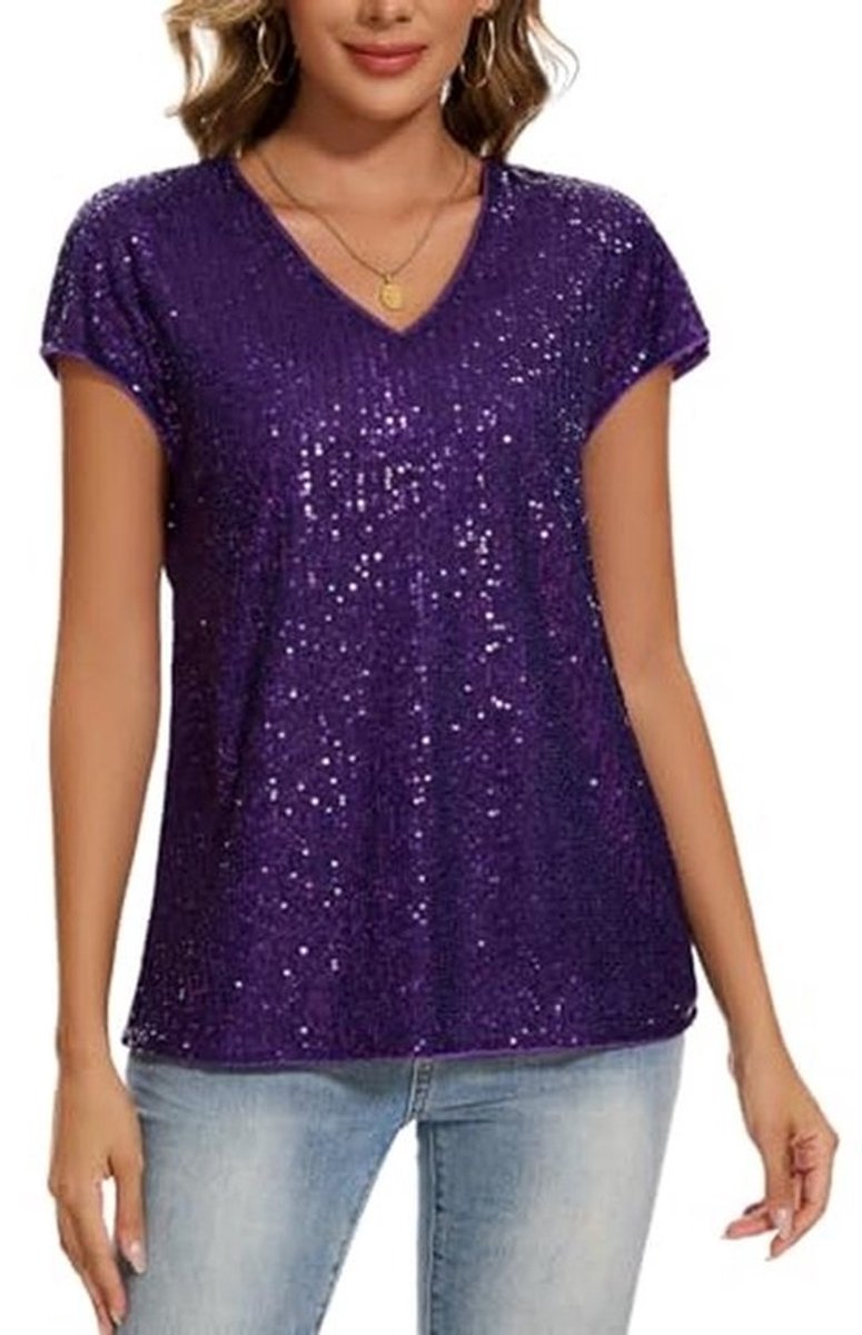Dames pailletten glitter top korte mouwen V-hals T-shirt blouse