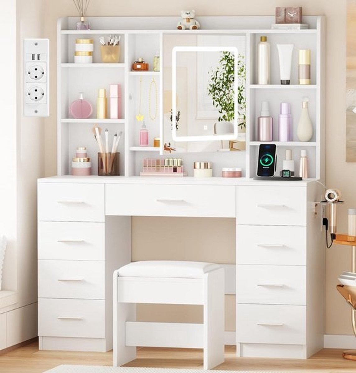Grote Kaptafel met LED Spiegel, Kruk en Stopcontact - Moderne Schminktafel met Veel Opbergruimte