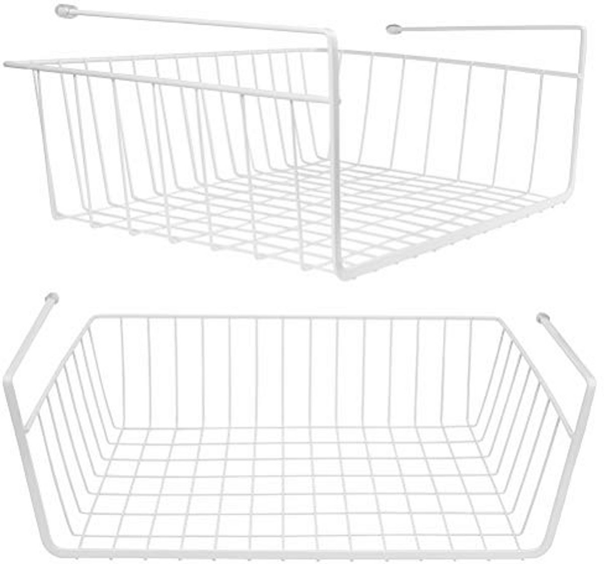 Set van 2 witte draad-opbergmanden, hangende organizer voor onder de plank, uitschuifbare kastrekken voor keuken, bureau, bijkeuken en boekenplank