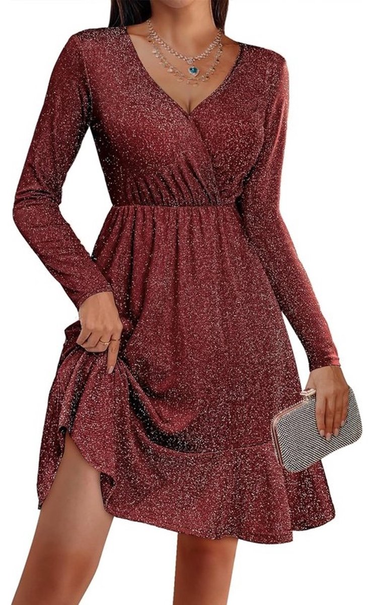 Elegante Glitter Jurk Dames met Lange Mouwen en V-hals - Feestelijke Pailletten Cocktailjurk