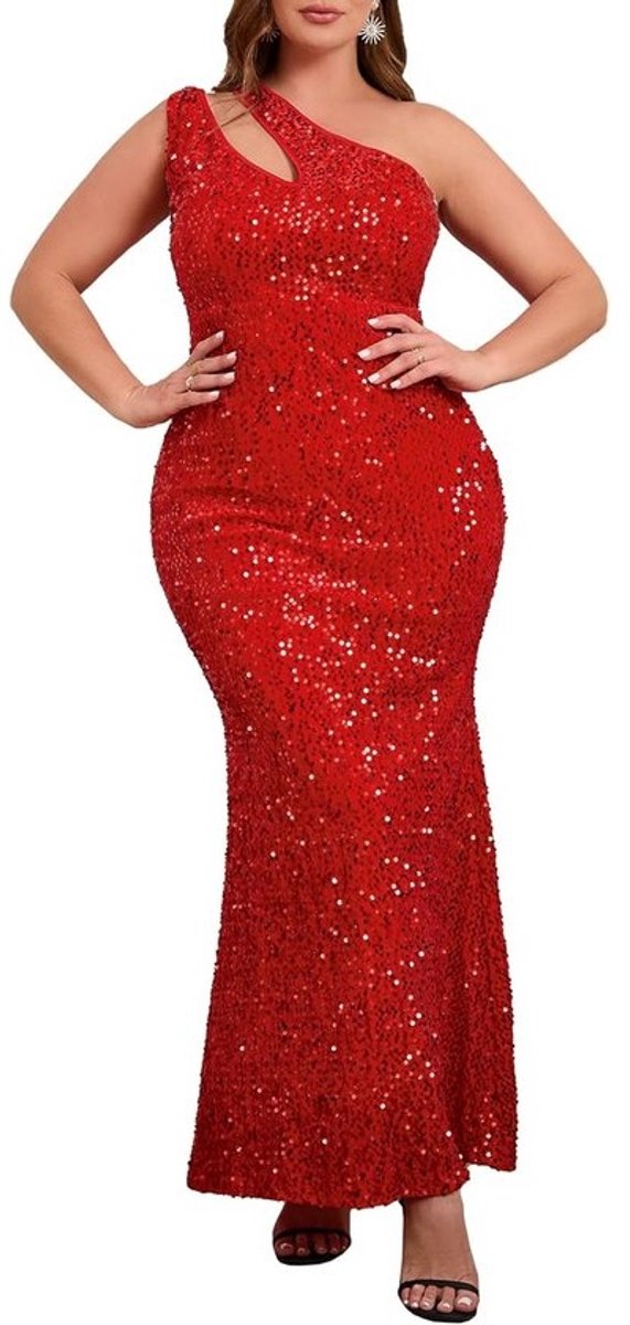 Stijlvolle Plus Size Maxi Jurk met Pailletten en Schuine Kraag