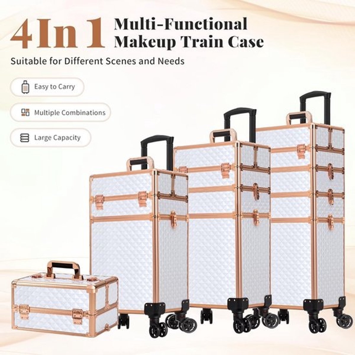 Professionele Rolende Make-up Koffer Trolley Grote Opslag Cosmetica Koffer 4-in-1