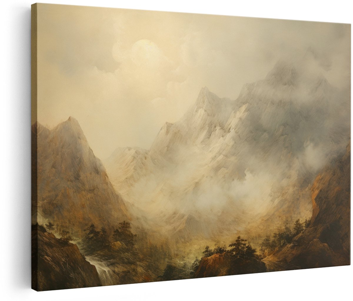 Artaza Canvas Schilderij Berglandschap - 150x100 cm - Groot - Wanddecoratie Vintage - Muurdecoratie Natuur - Schilderijen Op Canvas Mistige Bergen