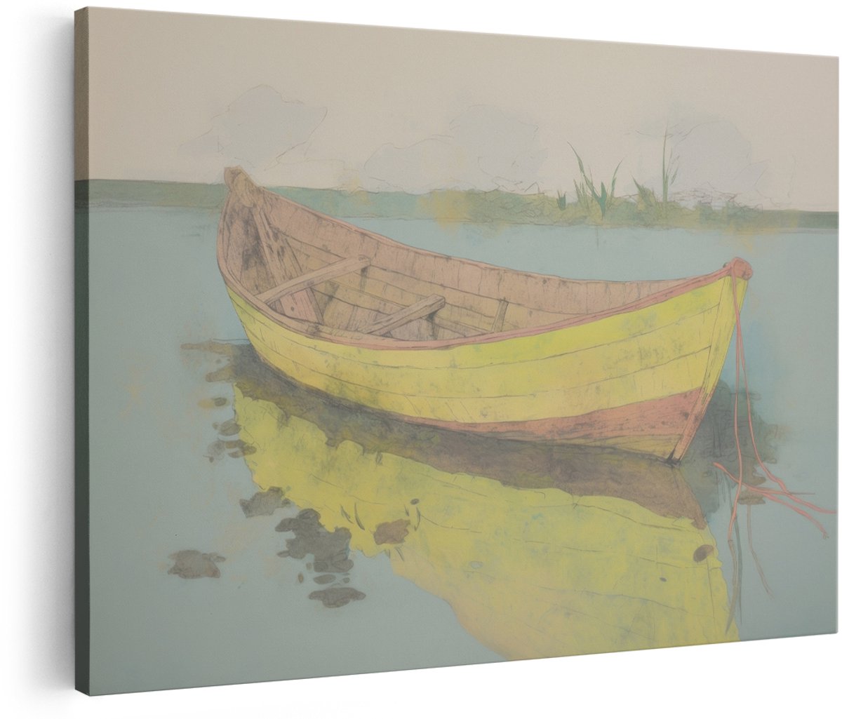 Artaza Canvas Schilderij Roeiboot - 150x100 cm - Groot - Wanddecoratie Landschap - Muurdecoratie Natuur - Schilderijen Op Canvas Water - Geel