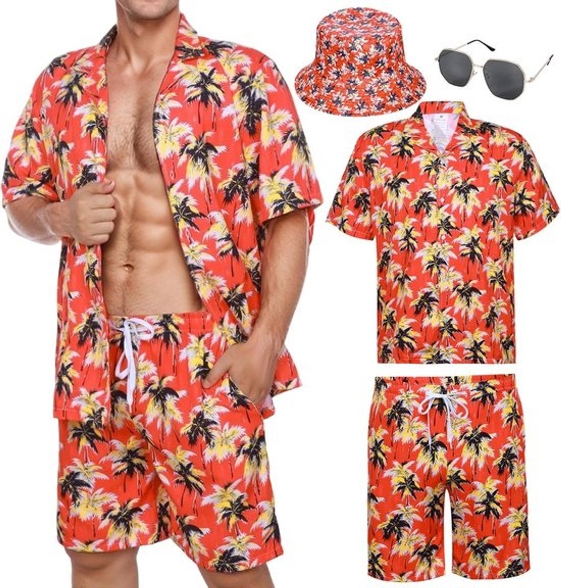 Heren Hawaii Set: Korte Mouw Overhemd en Korte Broek met Zonnebril - Zomer Strand Kleding