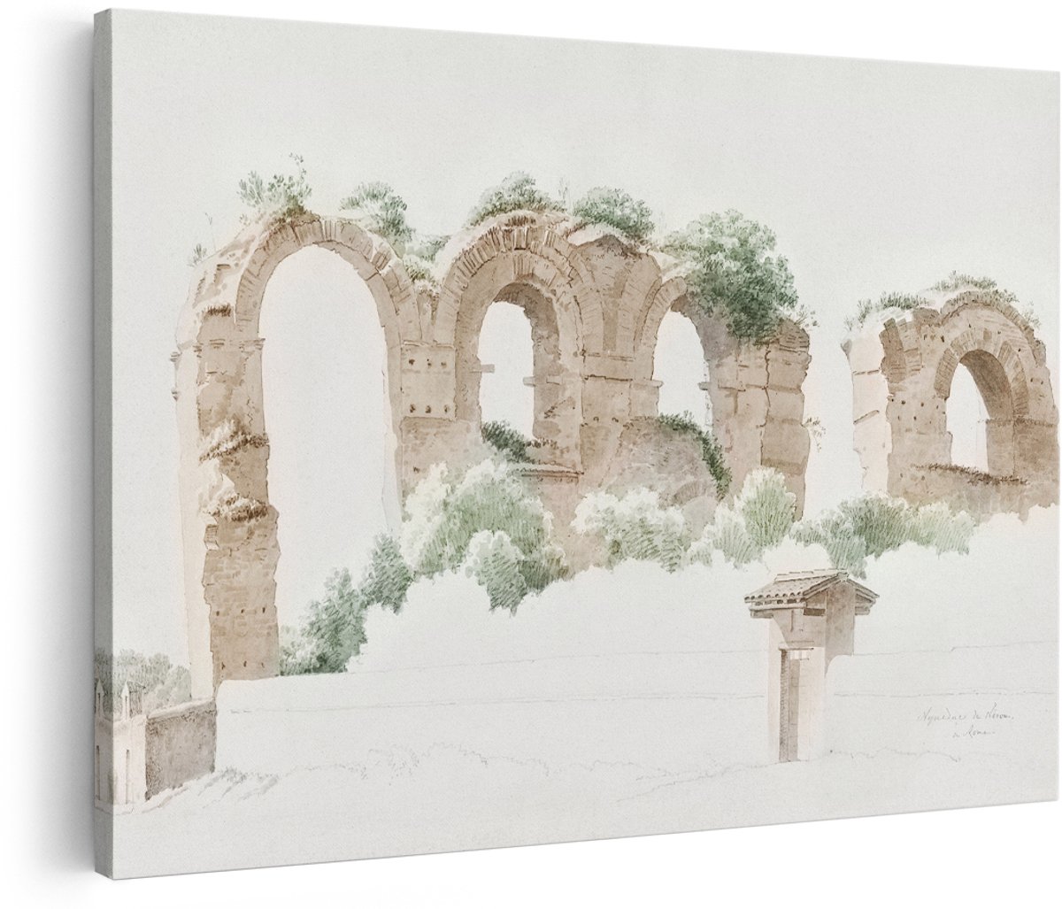 Artaza Canvas Schilderij Romeins Aquaduct - 150x100 cm - Groot - Wanddecoratie Vintage Landschap - Muurdecoratie Rome Ruïne - Decoratie Aquarel