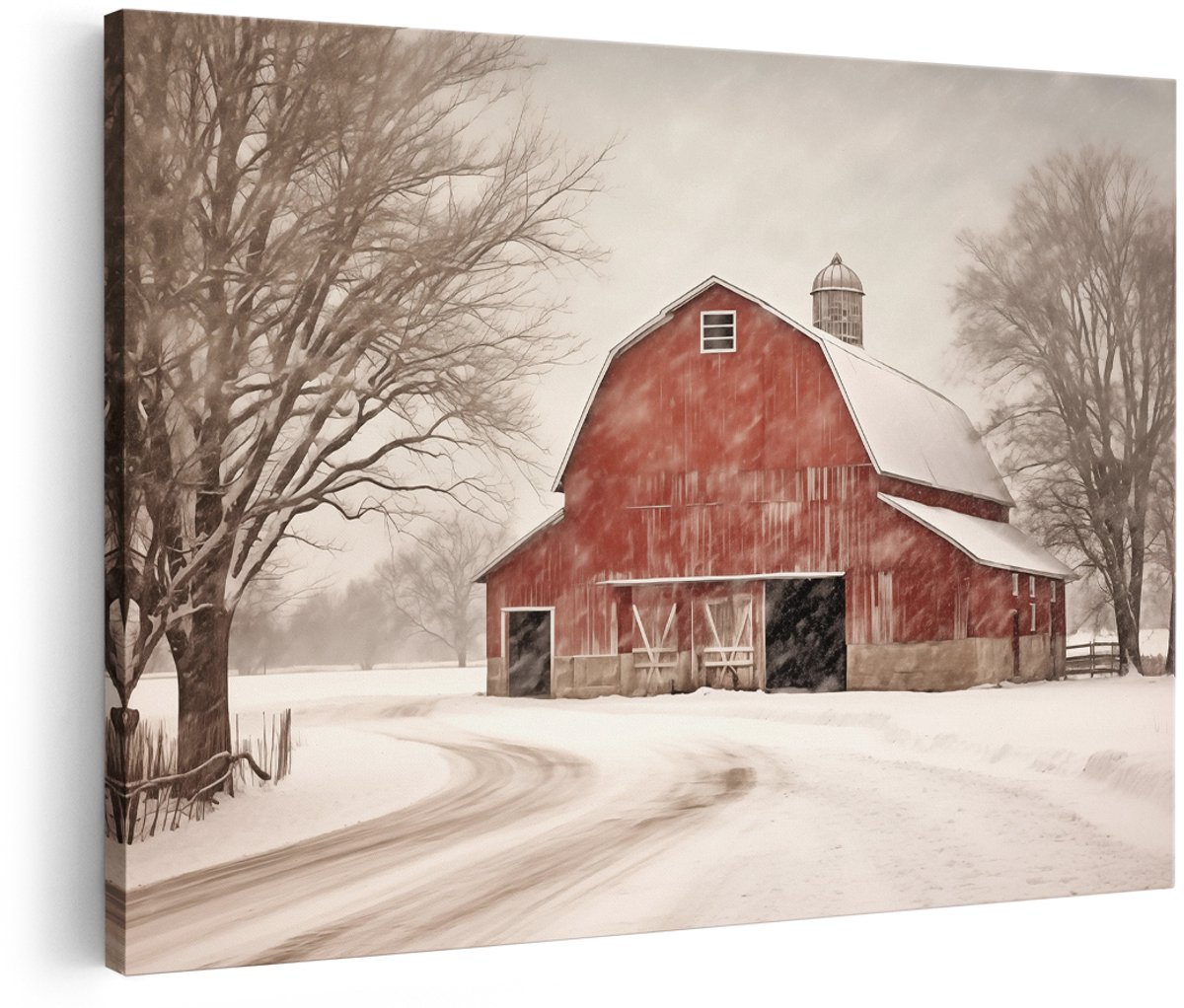 Artaza Canvas Schilderij Vintage Schuur in de Winter - Kerst - 150x100 cm - Groot - Foto Op Canvas - Wanddecoratie Woonkamer