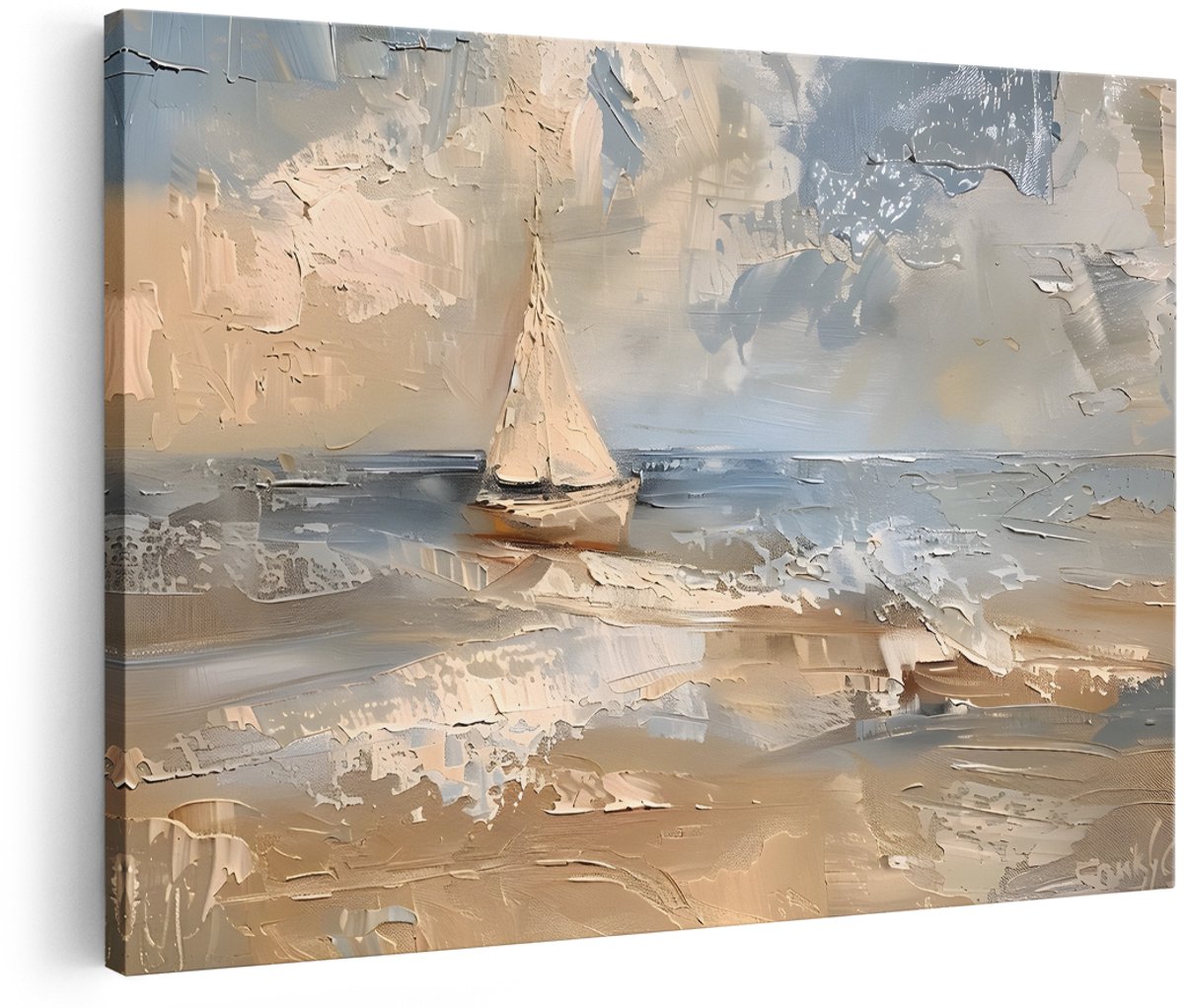 Artaza Canvas Schilderij Zeilboot - 150x100 cm - Groot - Wanddecoratie Zee - Muurdecoratie Strand - Decoratie Abstract Landschap - Beige