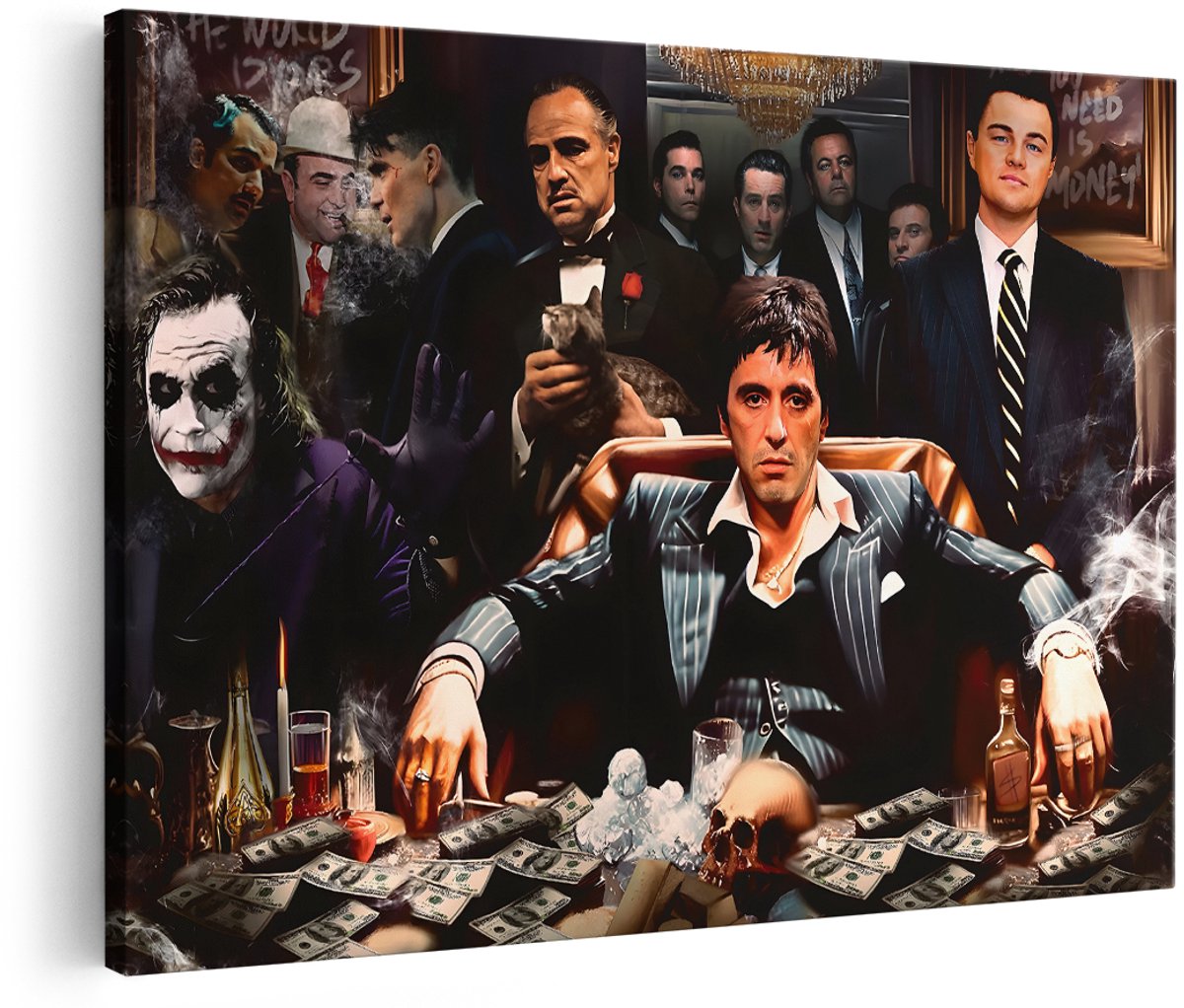 Artaza Canvas Schilderij Scarface - 150x100 cm - Groot - Wanddecoratie Maffia Collage - Muurdecoratie Godfather - Peaky Blinders Joker - Schilderijen Op Canvas