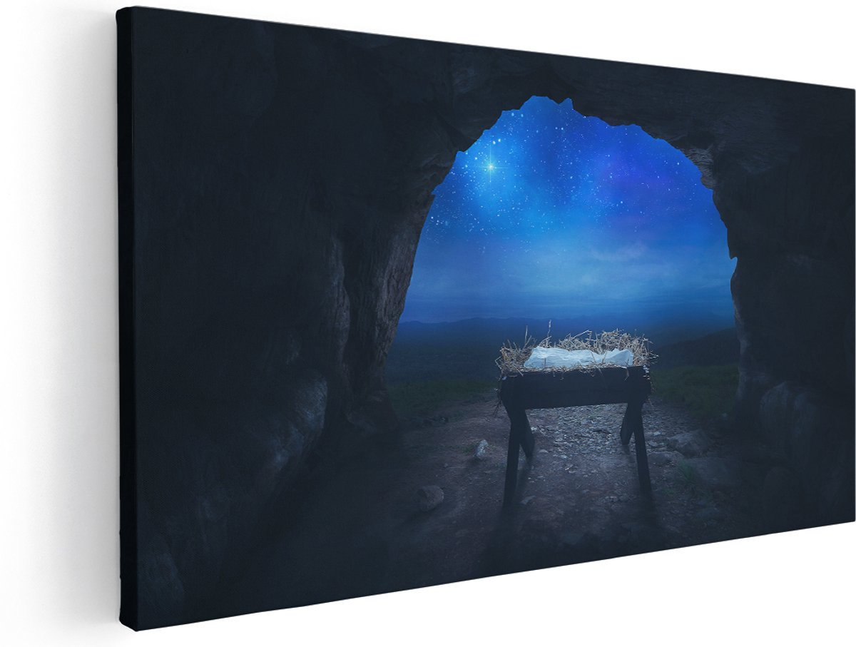 Artaza Canvas Schilderij Kribbe in een Grot onder de Ster Van Bethlehem - 140x70 cm - Groot - Wanddecoratie Woonkamer - Schilderijen - Muurdecoratie