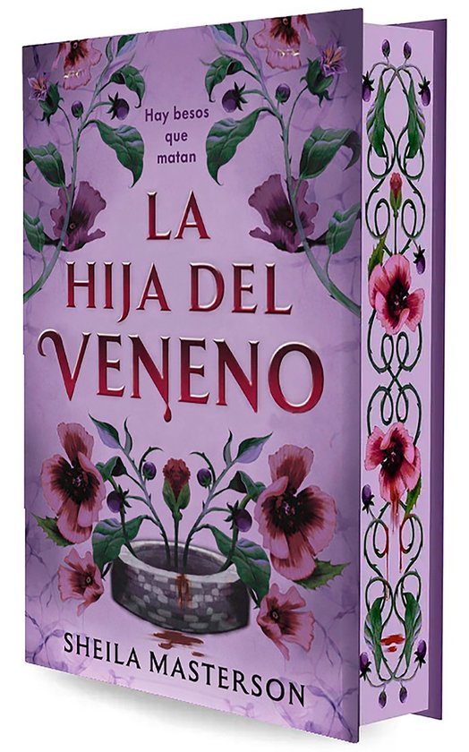 Boekcover met de titel 'LA HIJA DEL VENENO' en de naam van de auteur 'SHEILA MASTERSON'. De cover is paars met roze en paarse bloemen en groene ranken.