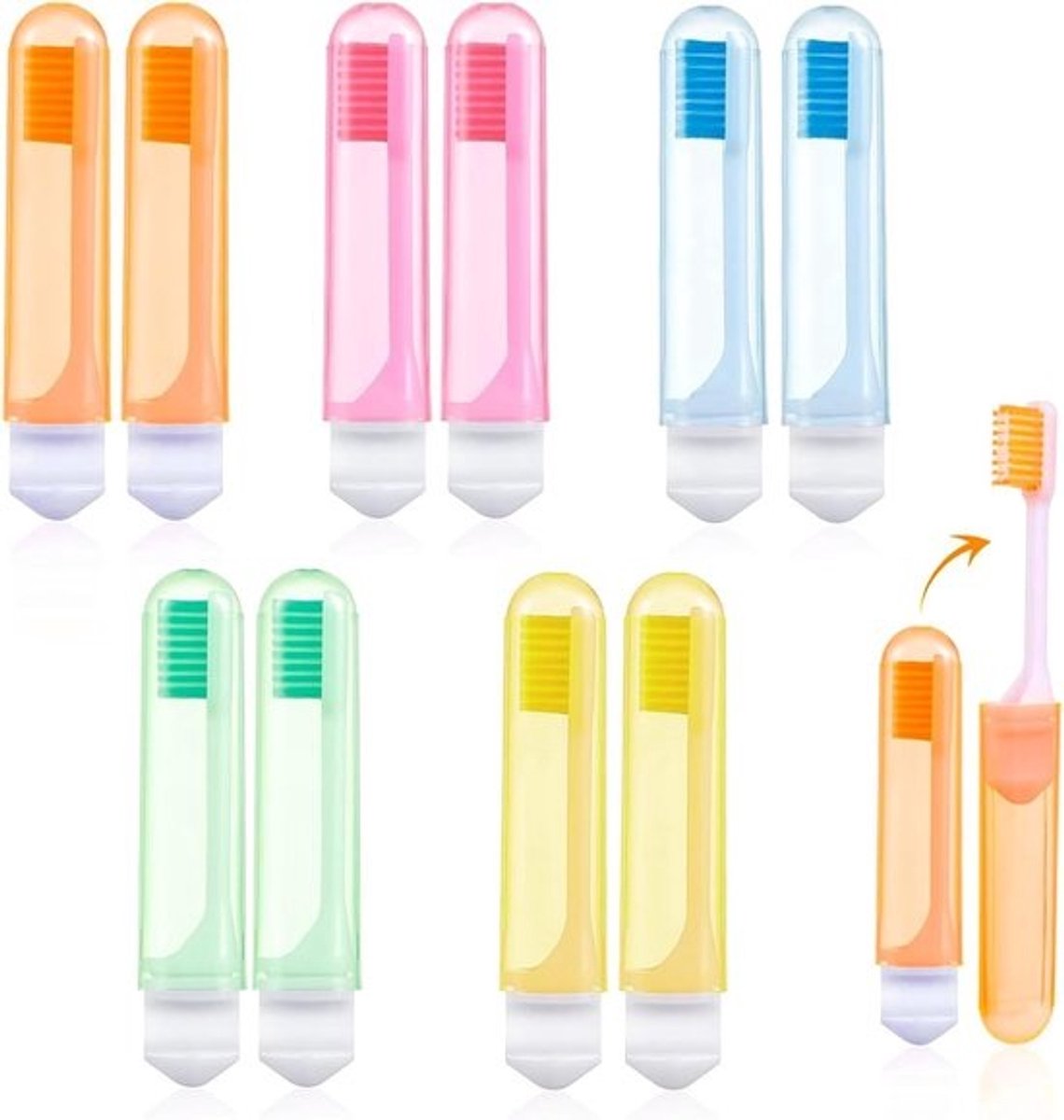 Reistandenborstels - Opvouwbare borstels - Hygiënisch reizen - Ergonomisch handvat - 10 stuks - Multicolor