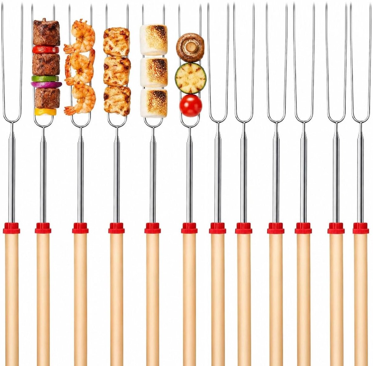 12-delige telescopische grillspies voor marshmallows, 31-81 cm, roestvrijstalen barbecueprikkers met geïsoleerde handvatten voor kamperen en buiten koken