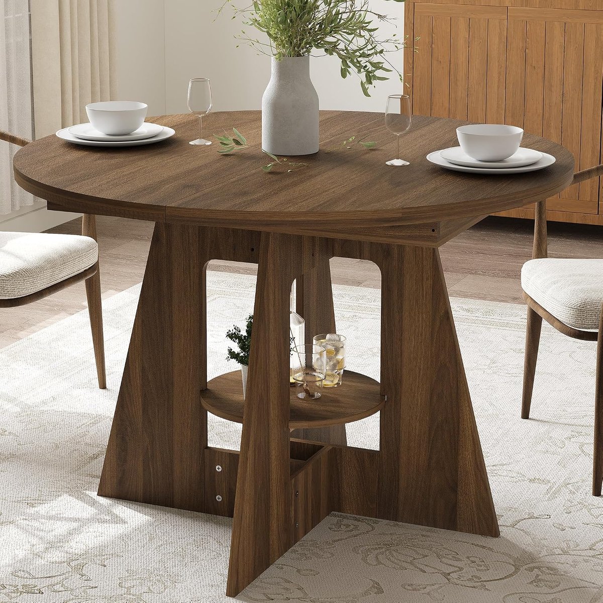 Ronde eettafel met opbergplank – Moderne houten keukentafel – draagvermogen 500 lbs – krasbestendig oppervlak – kruisvoet – 110×110×76 cm – licht walnootkleurig
