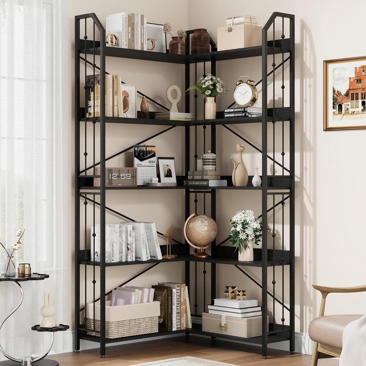 Industriële L-vormige Hoekkast - Hoekrek met 5 Niveaus - Boekenkast voor Woonkamer, Slaapkamer & Kantoor - Ruimtebesparend Design - Houtlook & Zwart Metaal