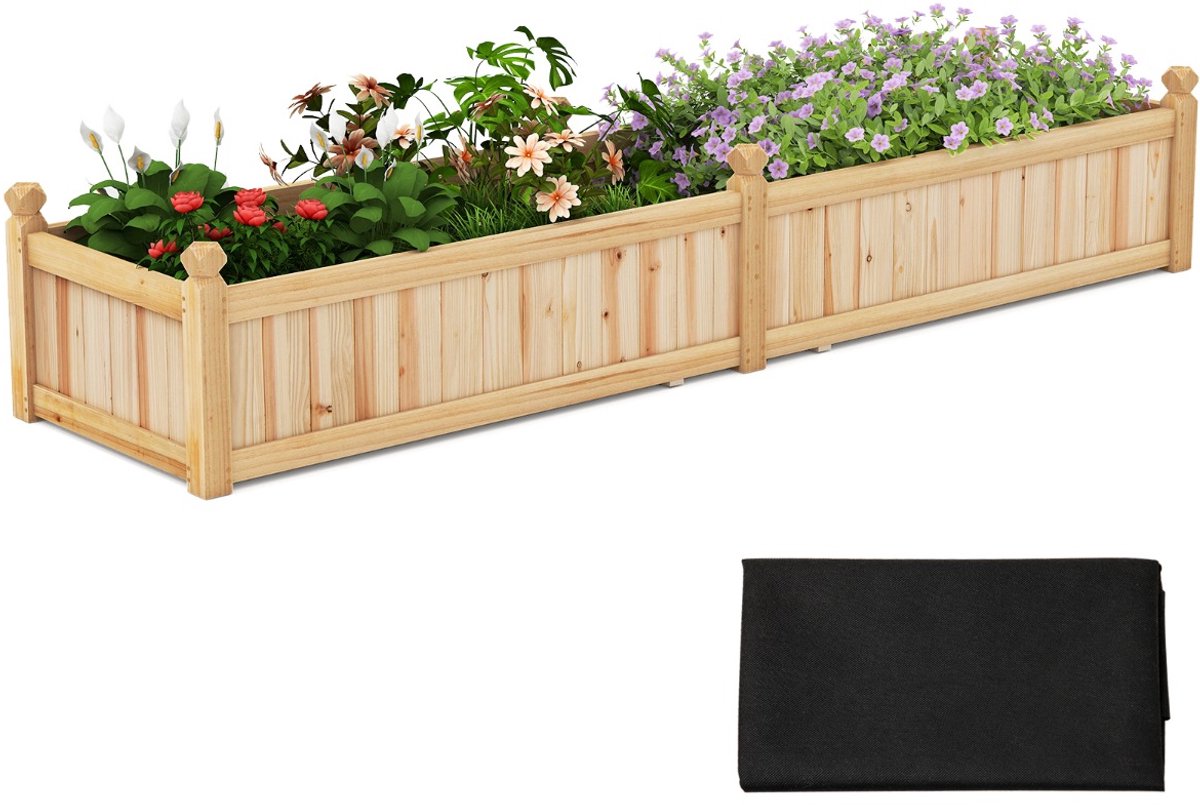 SureDeal® - Wamat, verhoogd bloembed, hout, plantenbak met scheidingswand, afvoergaten en vliesfolie, tuinbed, plantenbed, voor tuin, gazon, terras, balkon, dennenhout, 227 x 59,5 x 40 cm (natuur)
