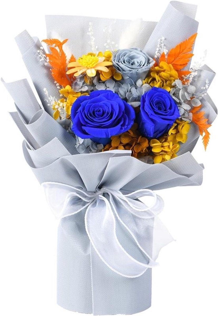 Geconserveerde Bloemen - Eeuwige Rozen - Woondecoratie - Handgemaakt Boeket - 35 cm - Blauw