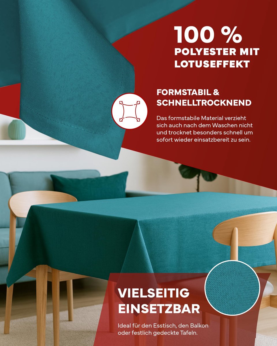 texpot Tafelkleed 90 x 90 cm, petrol, linnenlook, lotuseffect, vlekbescherming, strijkvrij, tafelkleed - ShopVlot