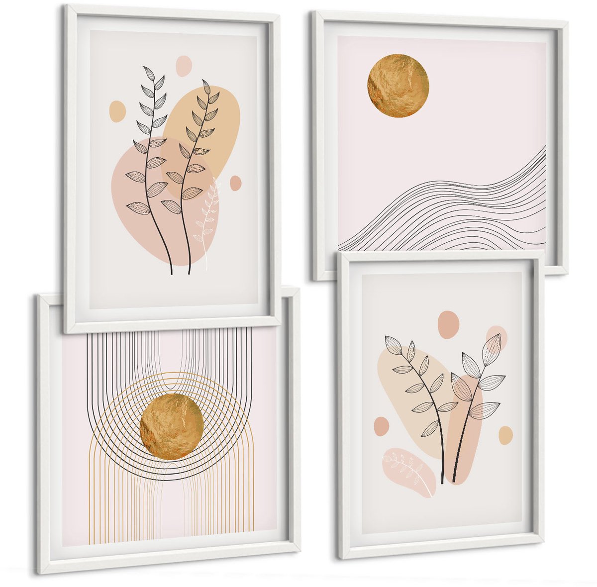 Wallfluent 4-Delige Schilderij Set - Minimalistische Abstracte Planttekeningen - 40 x 40 En 40 x 60 - Muurdecoratie - Wanddecoratie - Hal