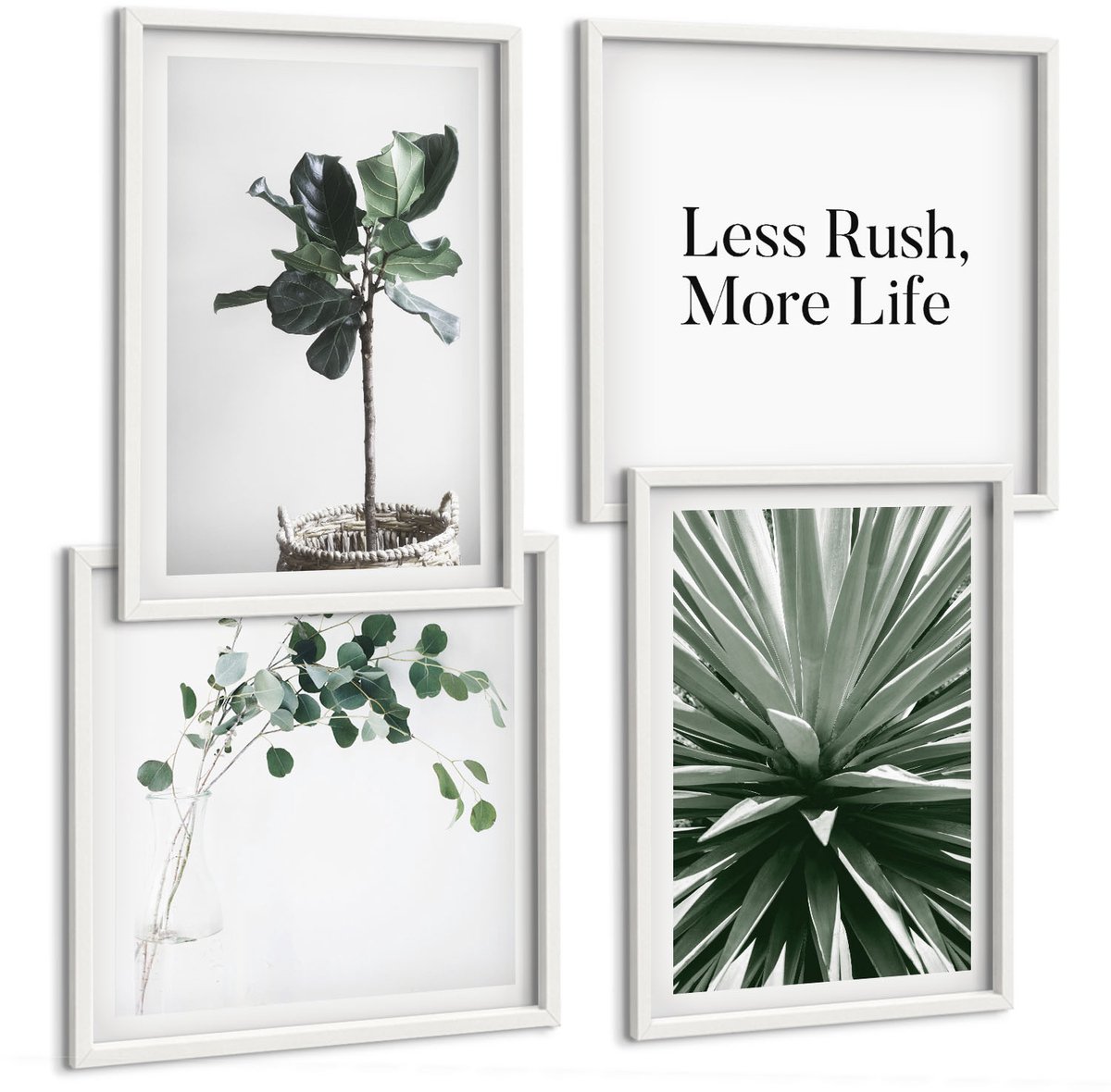 Wallfluent 4-Delige Schilderij Set - Groene Planten In Minimalistische Stijl Met Belettering - 40 x 40 En 40 x 60 - Decoratieve Schilderijen - Woonkamer - Interieur - Interieur Decoratie