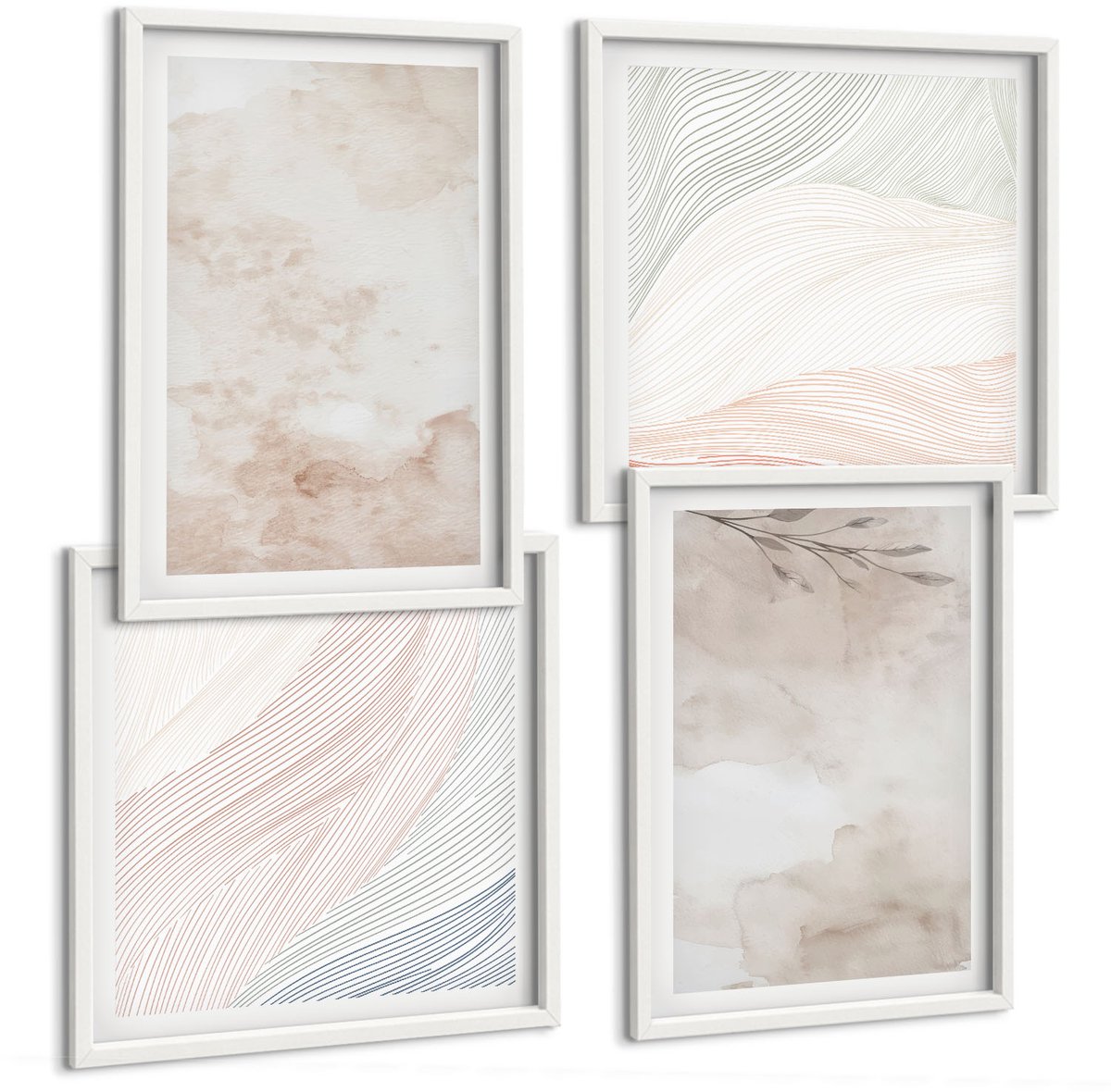 Wallfluent 4-Delige Schilderij Set - Aquarelvlekken En Bladeren In Pastelkleuren - 40 x 40 En 40 x 60 - Schilderijen Set - Wanddecoratie - Woonkamer - Moderne Wanddecoratie
