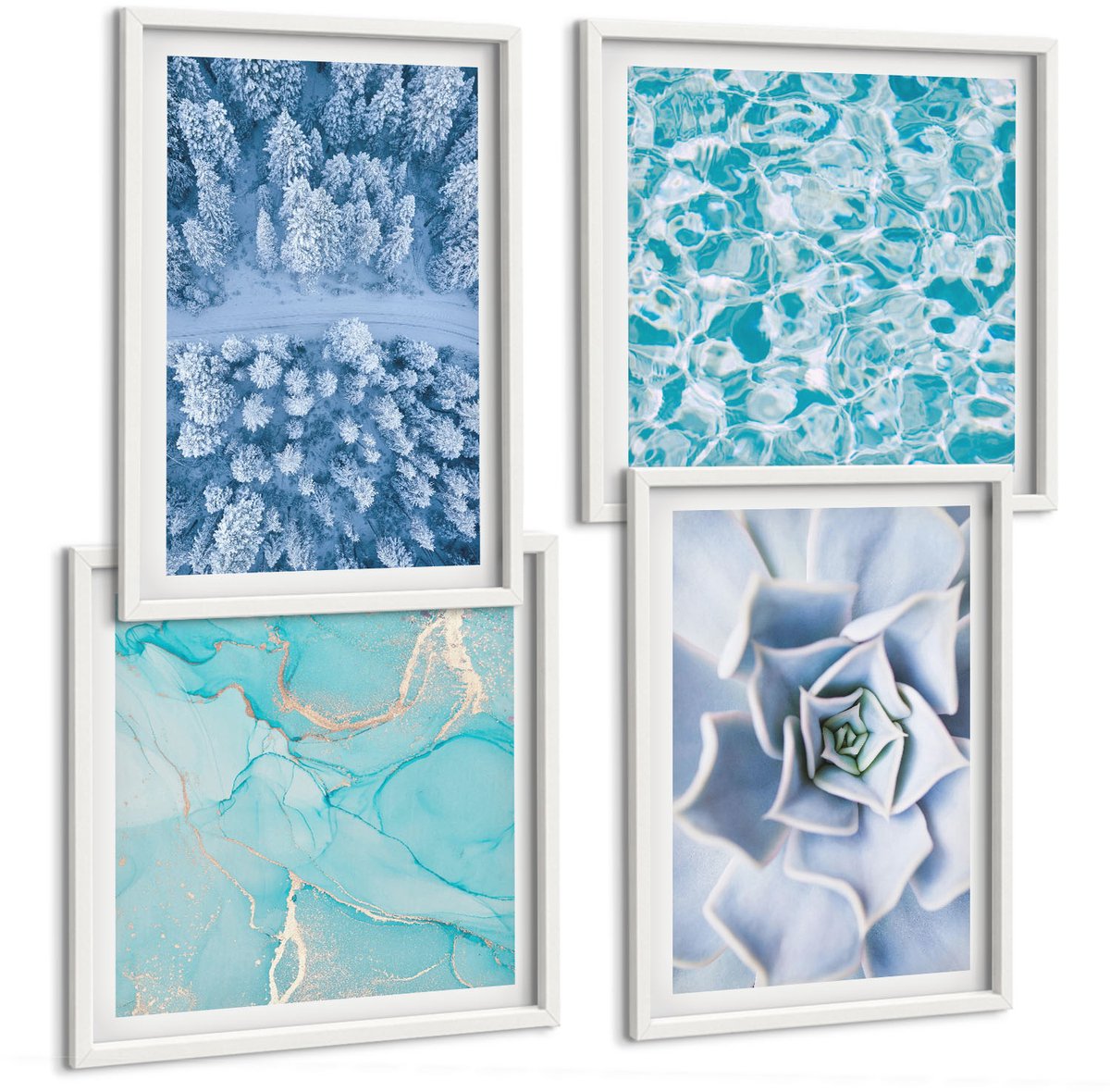 Wallfluent 4-Delige Schilderij Set - Winterbos, Blauwe Bloem, Blauw Wateroppervlak - 40 x 40 En 40 x 60 - Decoratieve Muurdecoratie - Slaapkamer - Decoratieve Schilderijen