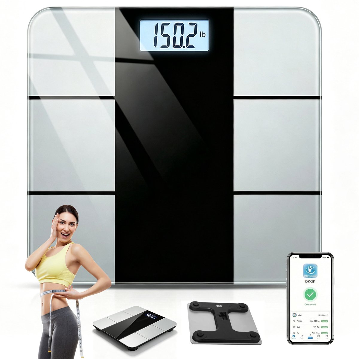 Weegschaal Personenweegschaal Digitaal - Slimme Weegschaal met 17x Lichaamsanalyse - Bluetooth Weegschalen - OKOK App - LED Display - iOS/Android - 0,05kg Precisie - 180kg - kg/lb - Gehard Glas - Voor Thuis - 26x26 cm