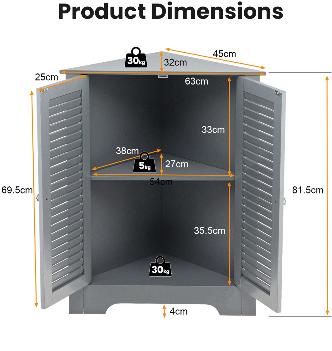SureDeal® - Badkamerkast - Hoekelement - Niveaus Ruimtebesparende Staande - Klepdeuren - Hoogte Verstelbare Plank - 63x32x81.5 cm - Grijs