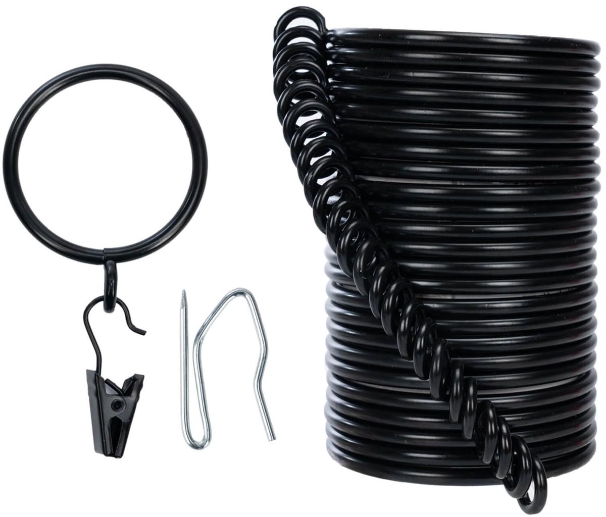 Gordijnringen met Haakclips Set - Compleet met Haken en Clips - Voor Gordijnroedes - Zwart - 50 mm Binnendiameter - 24 Stuks