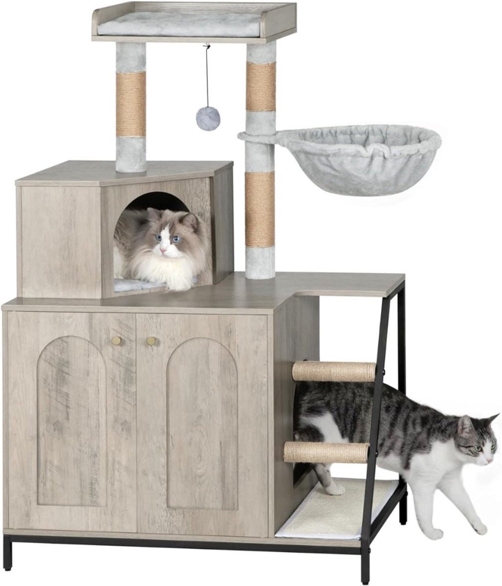 QORA® 4-in-1 Kattenbak Kast - Kattenhuis Met Krabmat - Kattenmand - Greige - 50cm x 80cm x 50cm